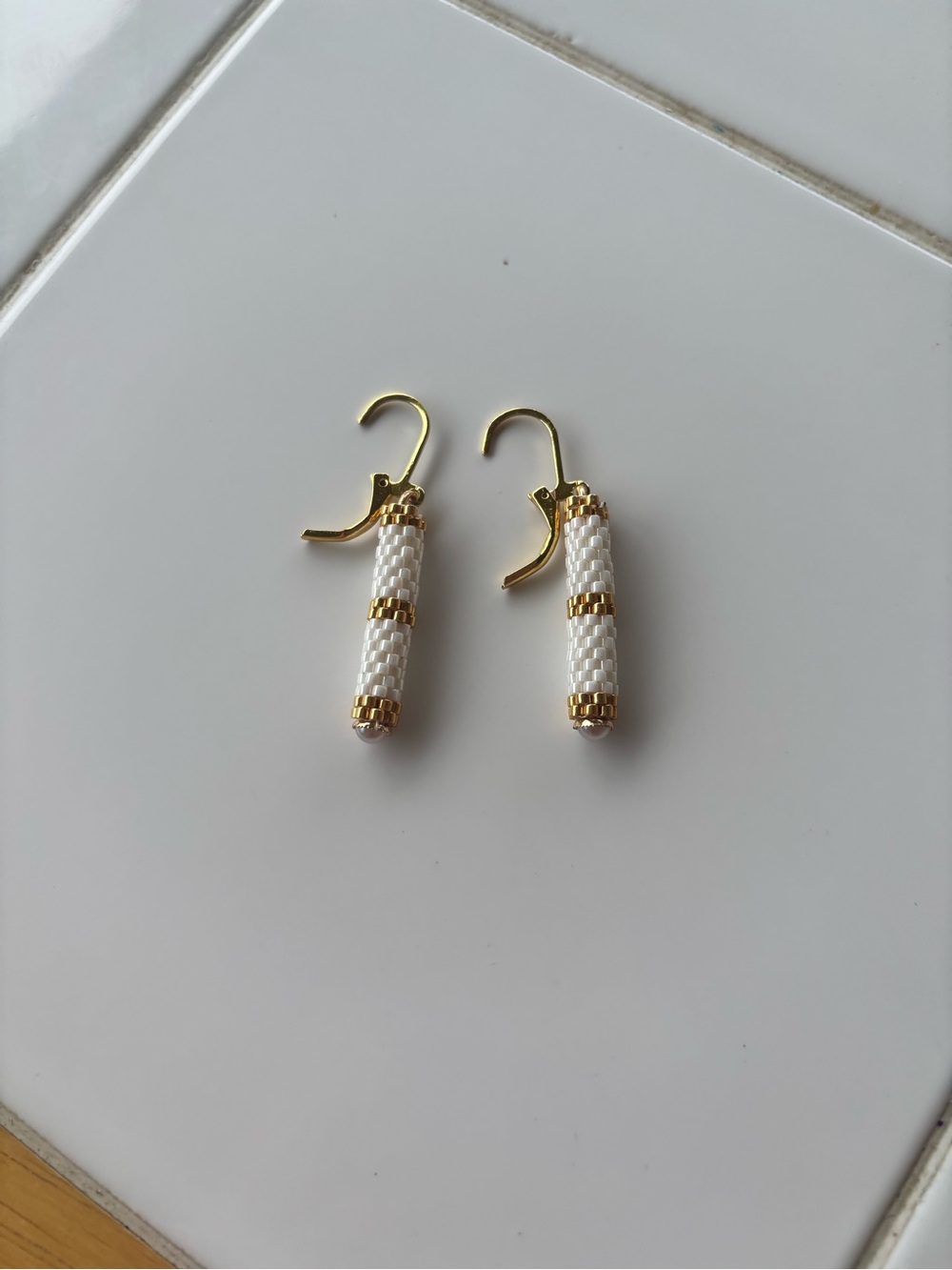Gold and White Beaded Drop Earrings - Women Jewelry